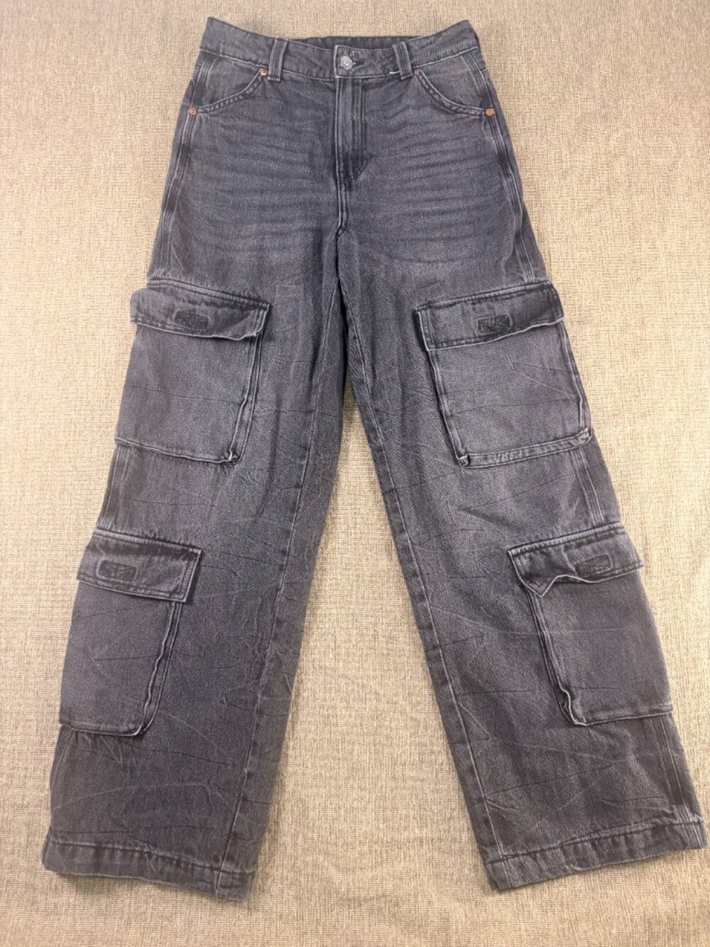 H&M Divided High Waisted Wide Leg Cargo Jeans Dark Grey US 2 Y2K Streetwear